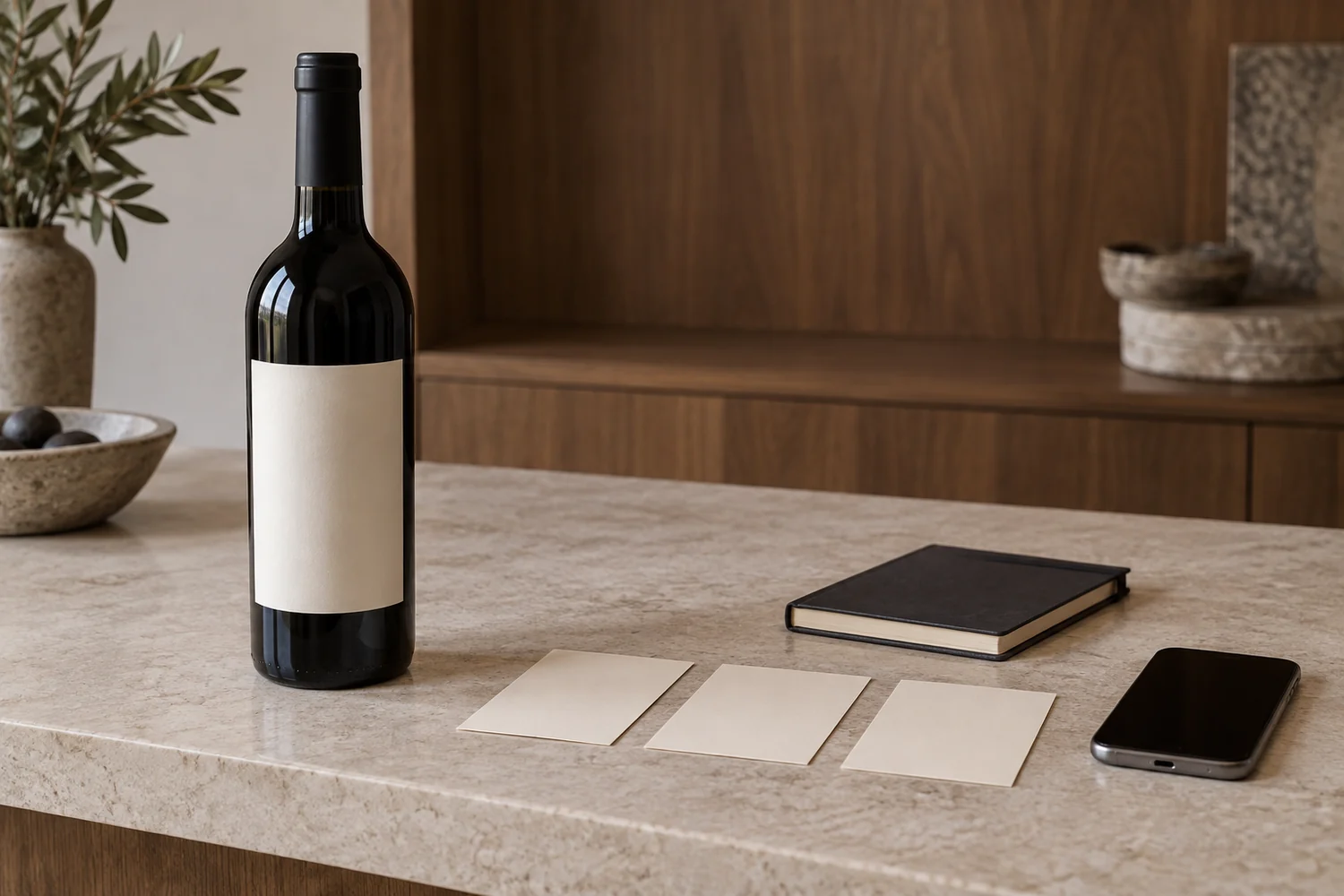 An anonymous sealed bottle beside separate blank information cards and a phone on a pale tasting counter.