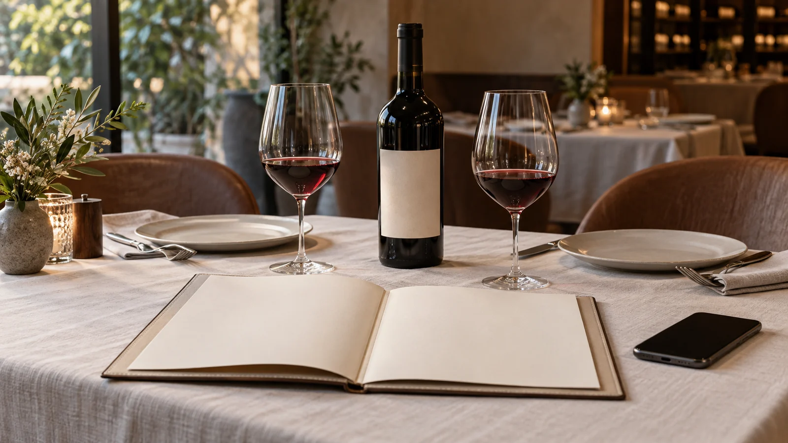 An open wine list, a phone with an inactive screen and two wineglasses on a softly lit restaurant table.