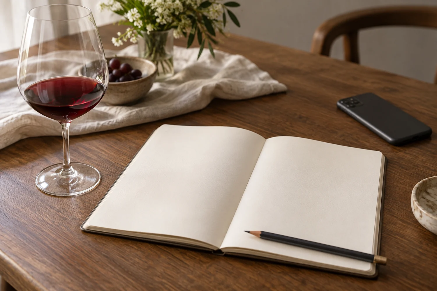 A blank open notebook and pencil beside a small wine pour, with a phone set aside face-down.