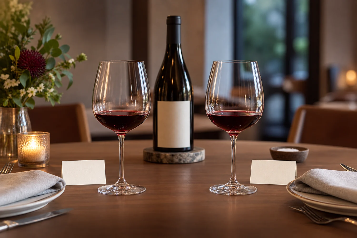 Two equal red-wine pours in identical glasses at separate place settings, each beside a blank tasting card.