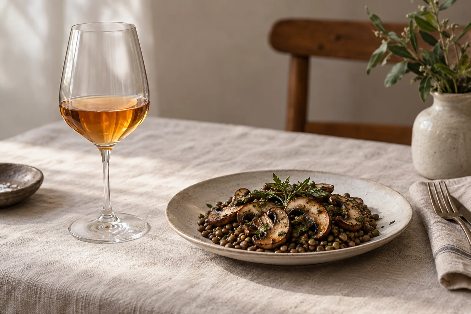 amber-wine-mushrooms-table A glass of amber wine beside a simple plate of grilled mushrooms and lentils on a linen-covered dining table.