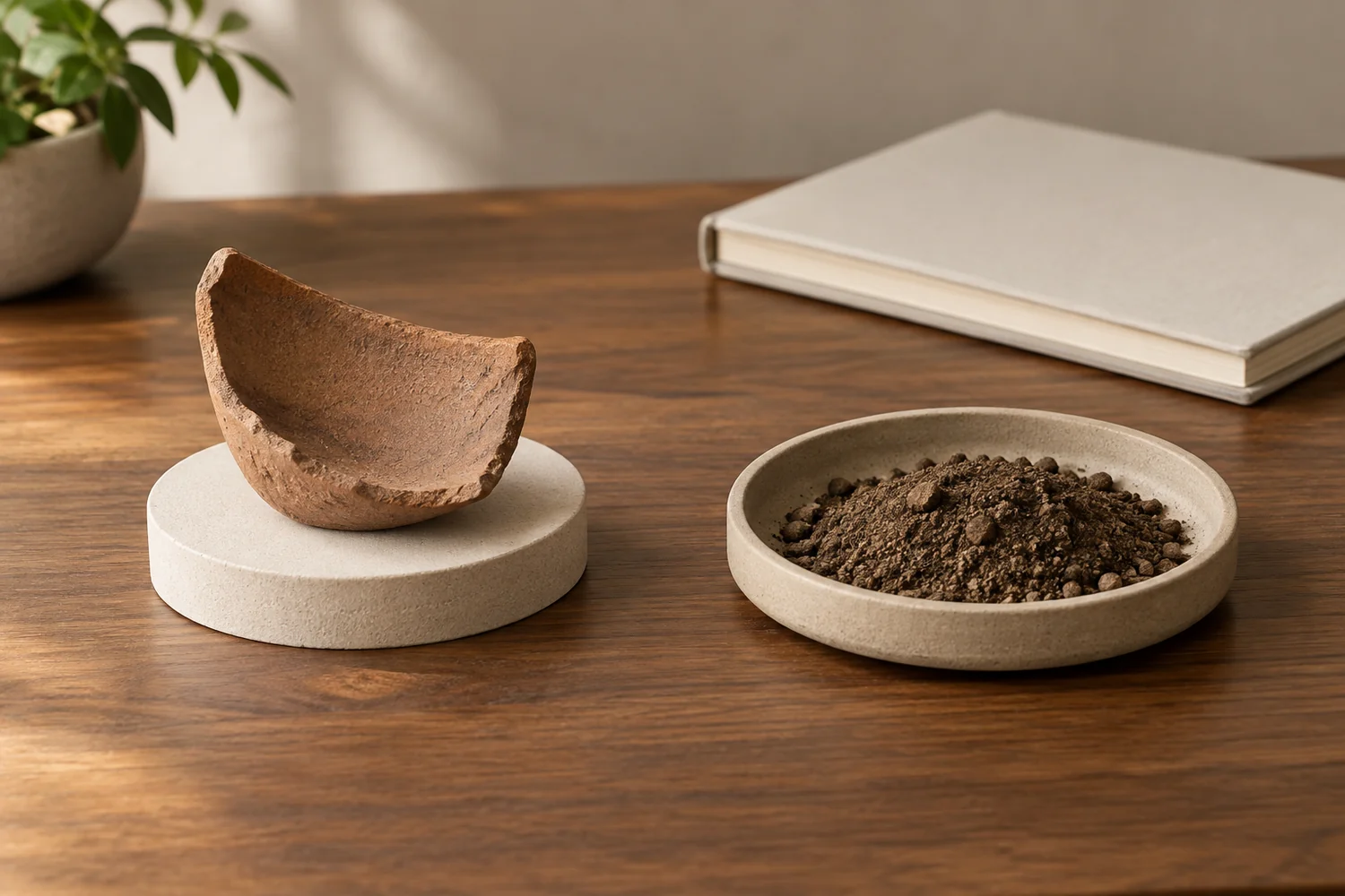 A replica ceramic fragment and a separate small tray of clean earth on a modern study table.