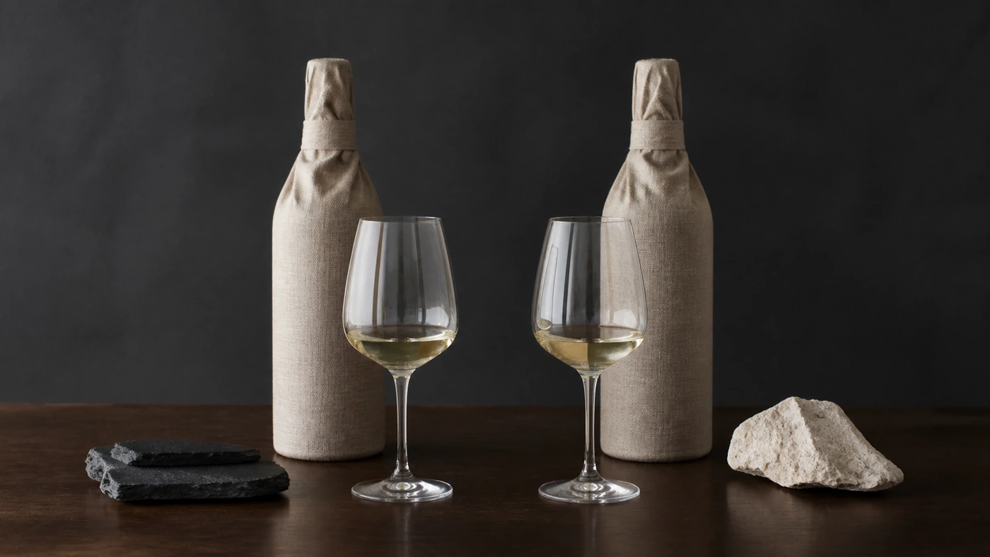 blind-tasting-soil-expectation Two identical blind-tasting glasses beside covered bottles and restrained stone samples, illustrating how vineyard information can shape sensory expectation.