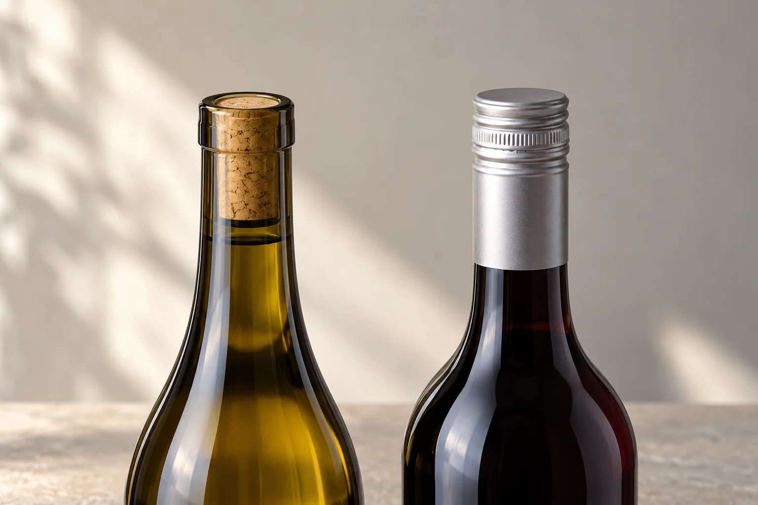 Contemporary close-up illustration of two sealed wine-bottle necks, one with cork and one with a screw cap.