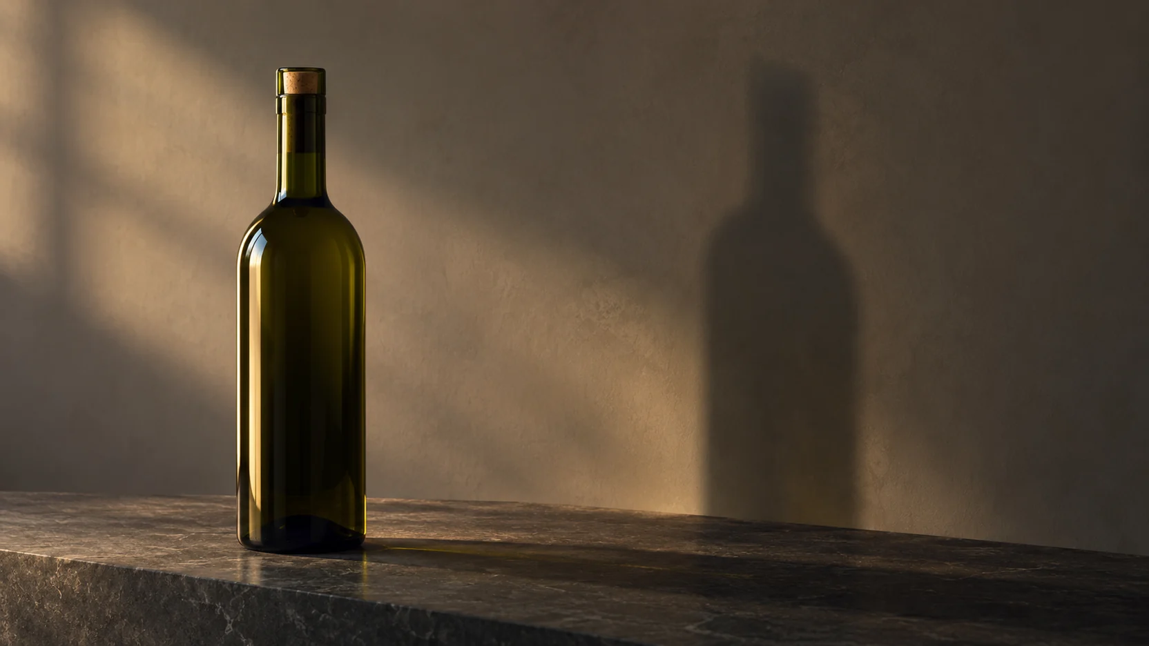 Contemporary illustration of an unlabelled dark wine bottle beside its soft shadow on a plain wall