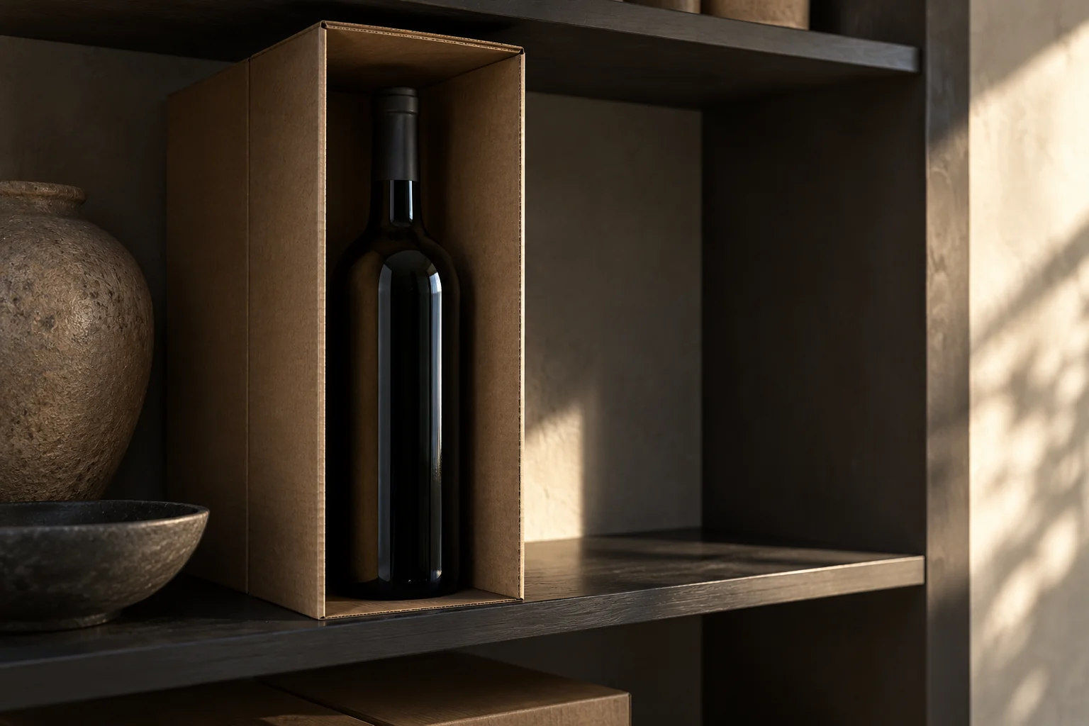 A sealed wine bottle in a plain protective compartment, shaded while light falls on the adjacent shelf.