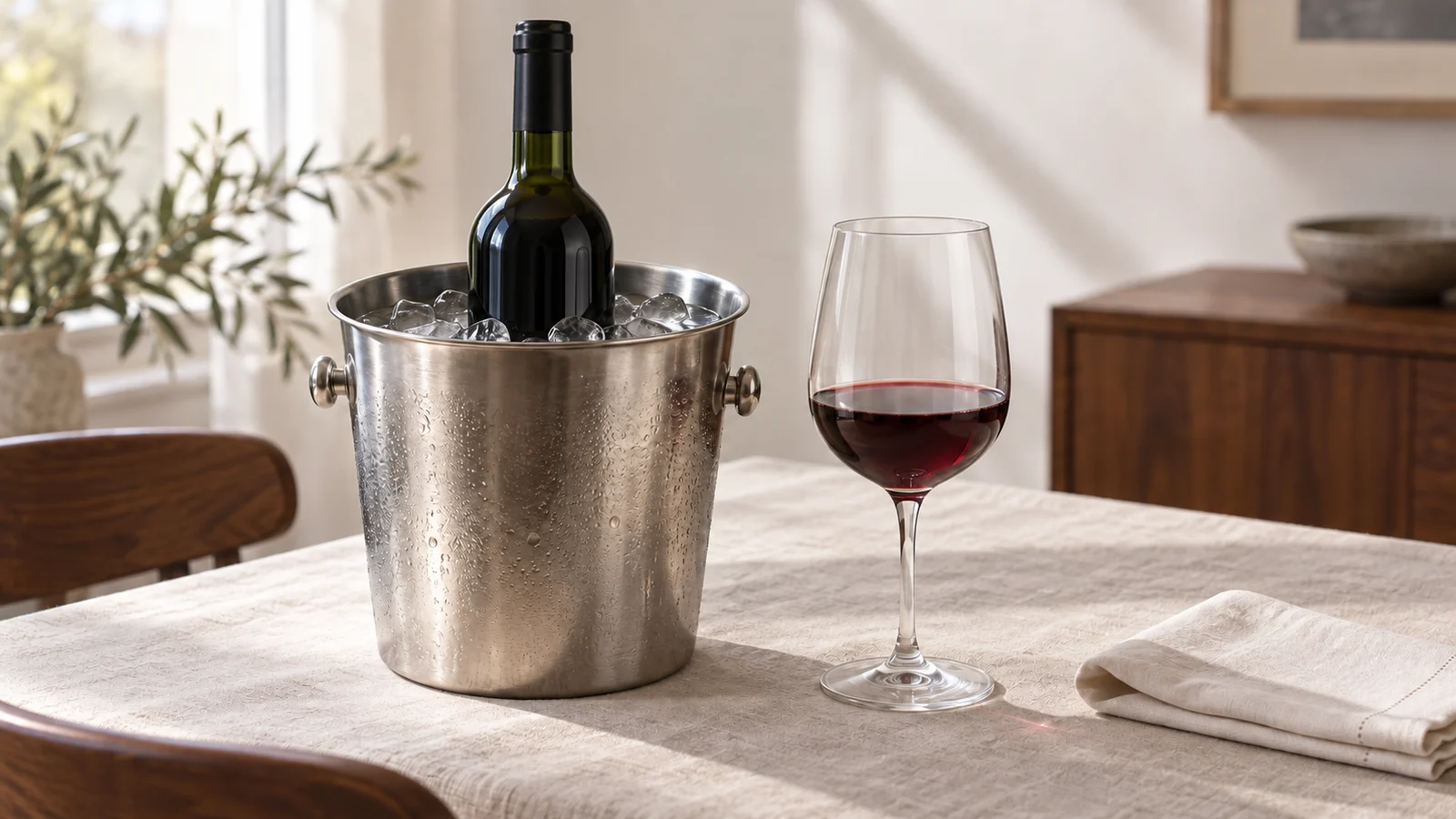 An anonymous red-wine bottle in an ice-and-water bucket beside a small ruby-red pour on a softly lit dining table.