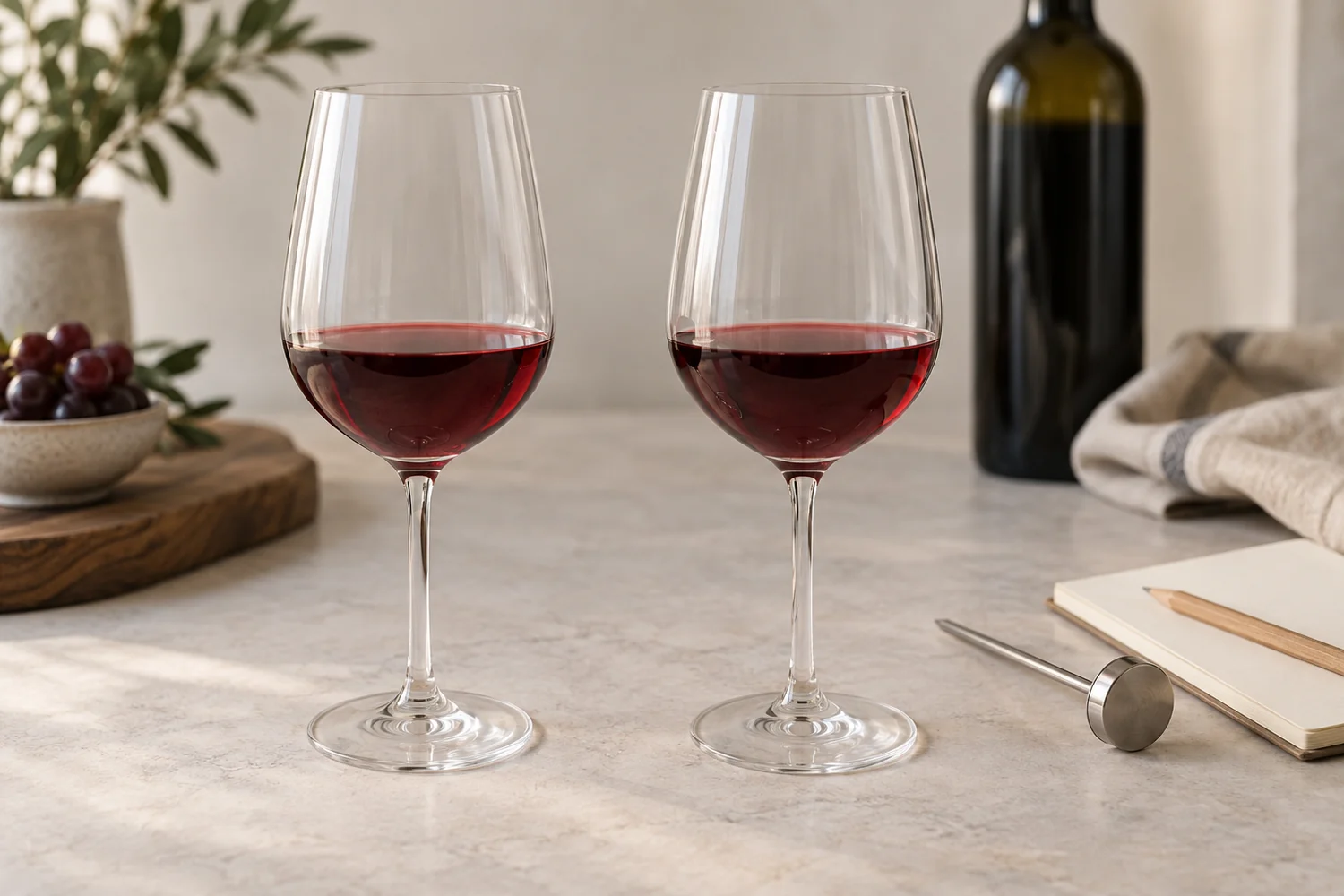same wine, two starting conditions Two identical glasses with equal ruby-red pours beside a blank notebook and a resting thermometer for a personal temperature comparison.