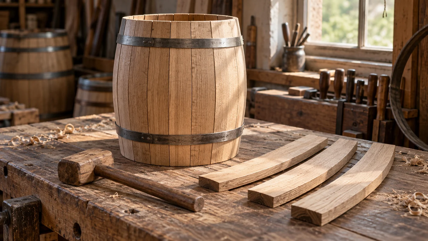 Contemporary editorial illustration of cooperage, not a reconstruction of a Dijon workshop in 1445. A generic unfinished wooden barrel and loose staves on a bench in a contemporary cooperage illustration.