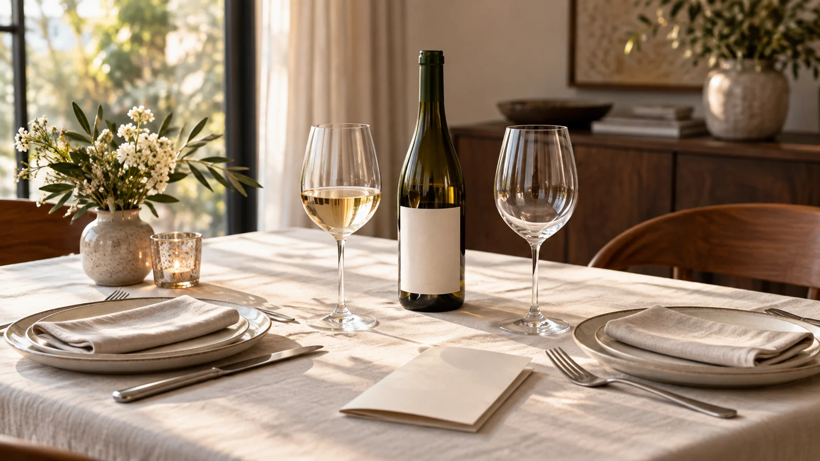 Two carefully laid dining places with a pale wine, an anonymous bottle and a menu on a softly lit linen table.