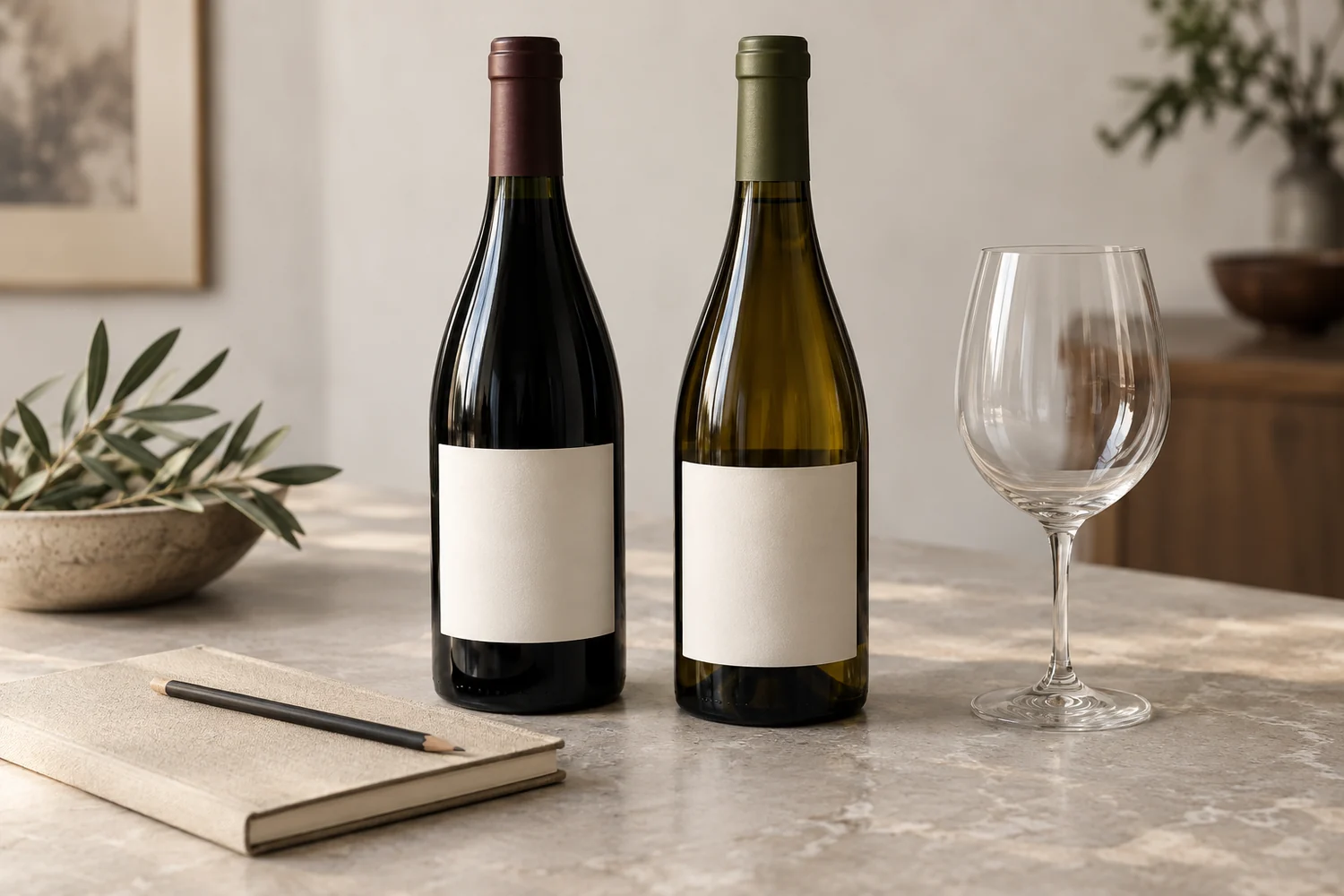 Two anonymous wine bottles turned toward blank back labels beside a reading notebook.  