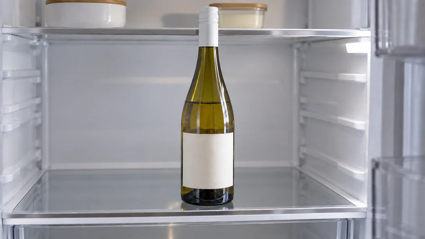 A securely resealed anonymous bottle upright on a clean refrigerator shelf.
