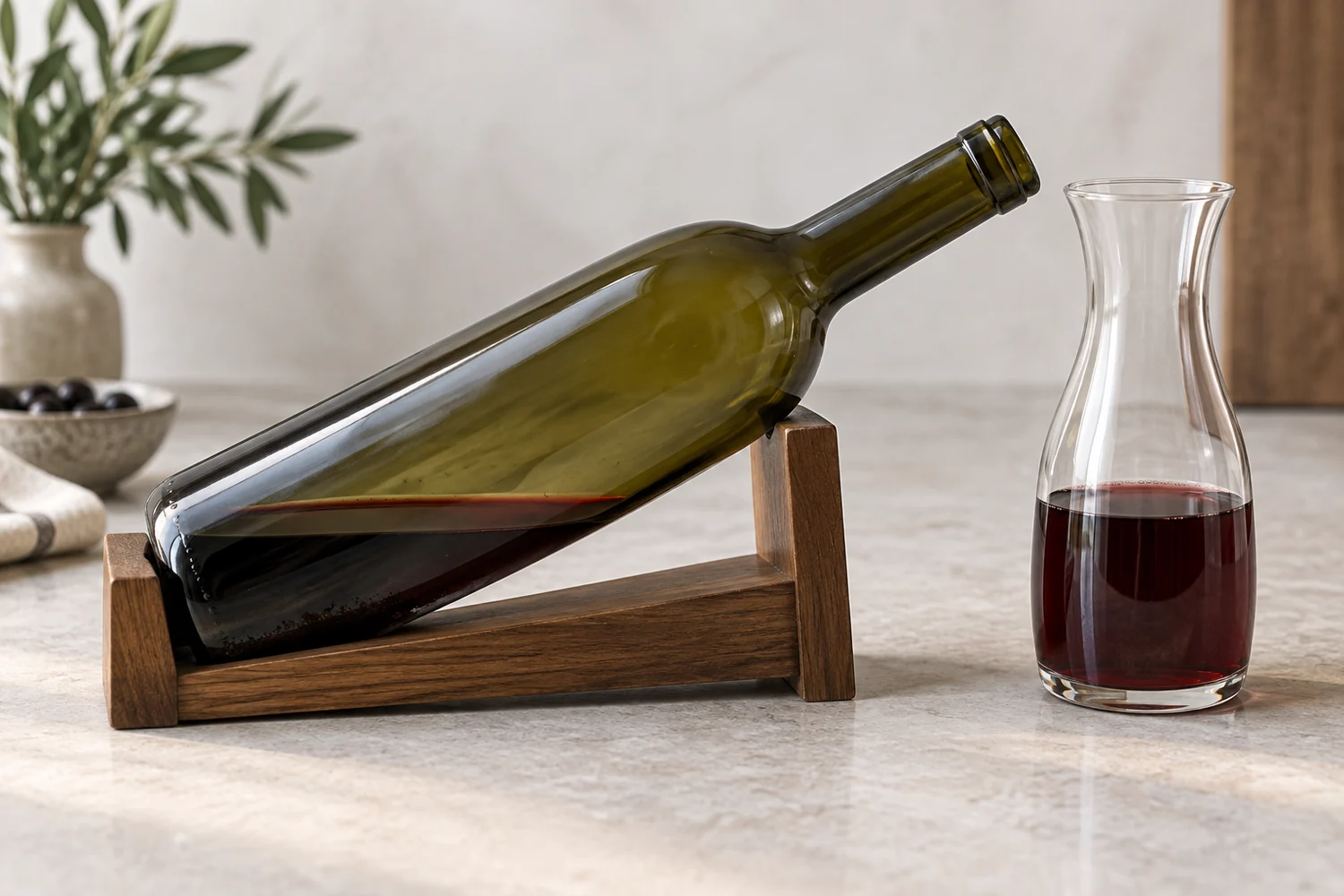 A tilted bottle resting in a wine cradle, with a small dark deposit left behind beside a carafe of red wine.
