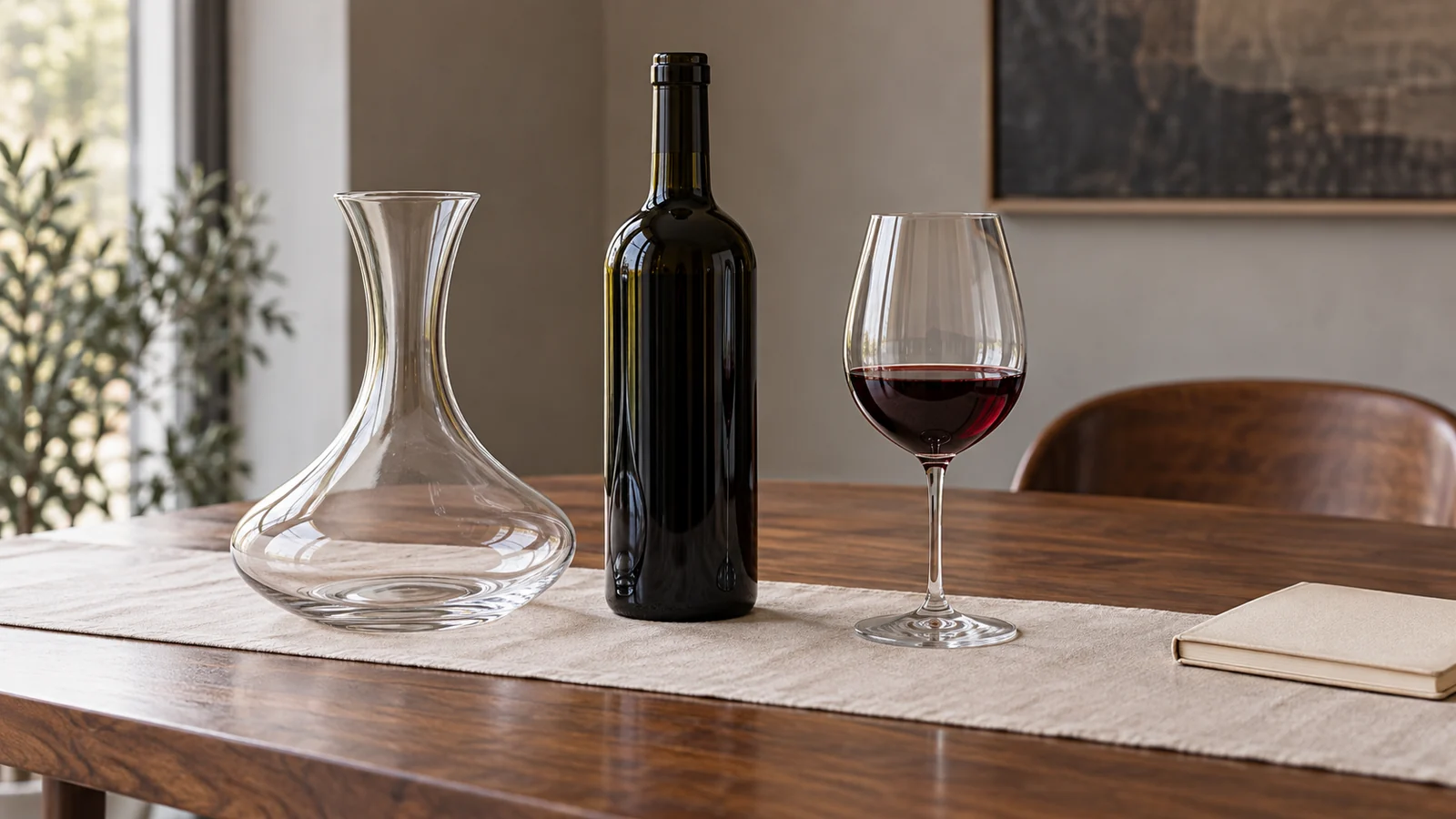 An empty glass decanter beside an anonymous wine bottle and a small red-wine pour on a softly lit table.