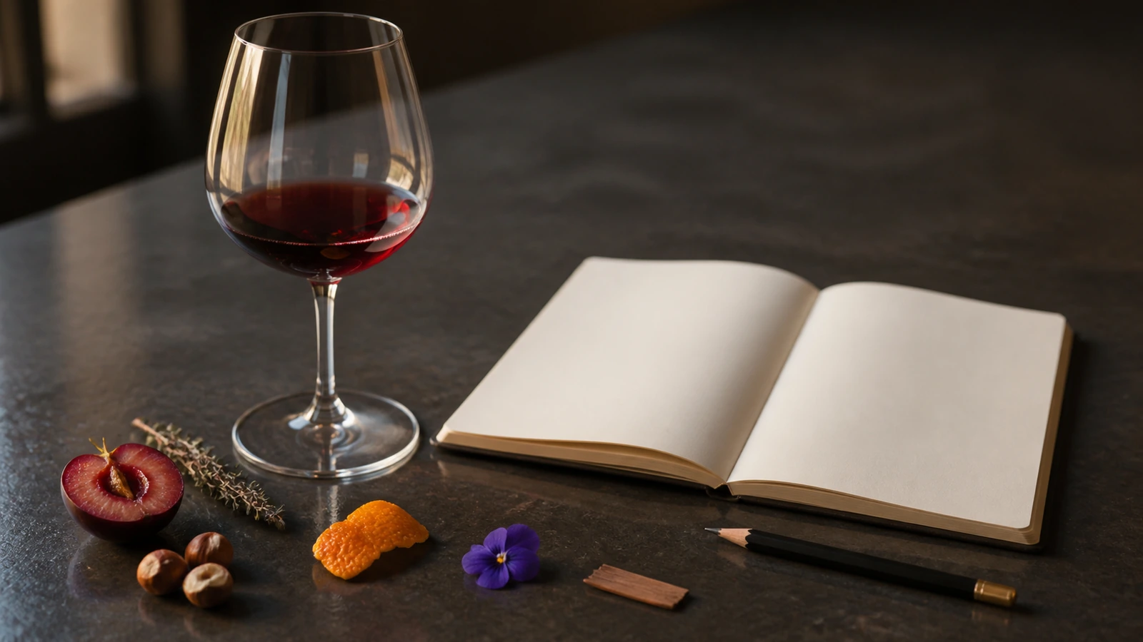 Red wine glass, blank tasting notebook, and carefully arranged aroma references illustrating how wine aromas become descriptive language.