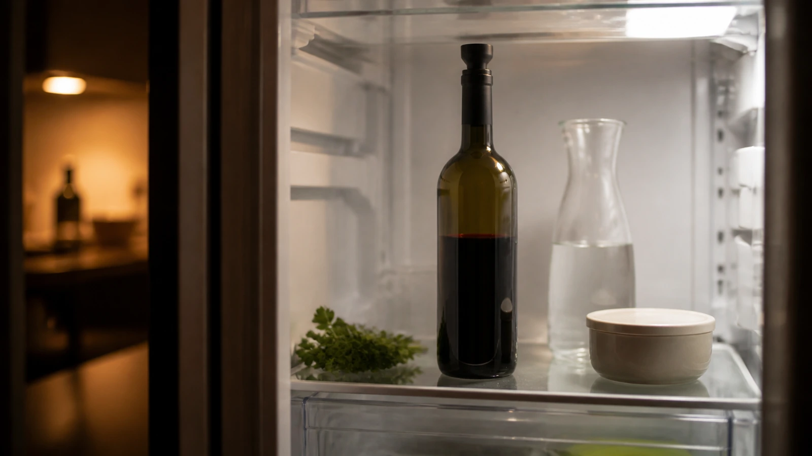 A half-full bottle of red wine, carefully resealed and standing inside a home refrigerator, illustrating short-term wine preservation after opening.
