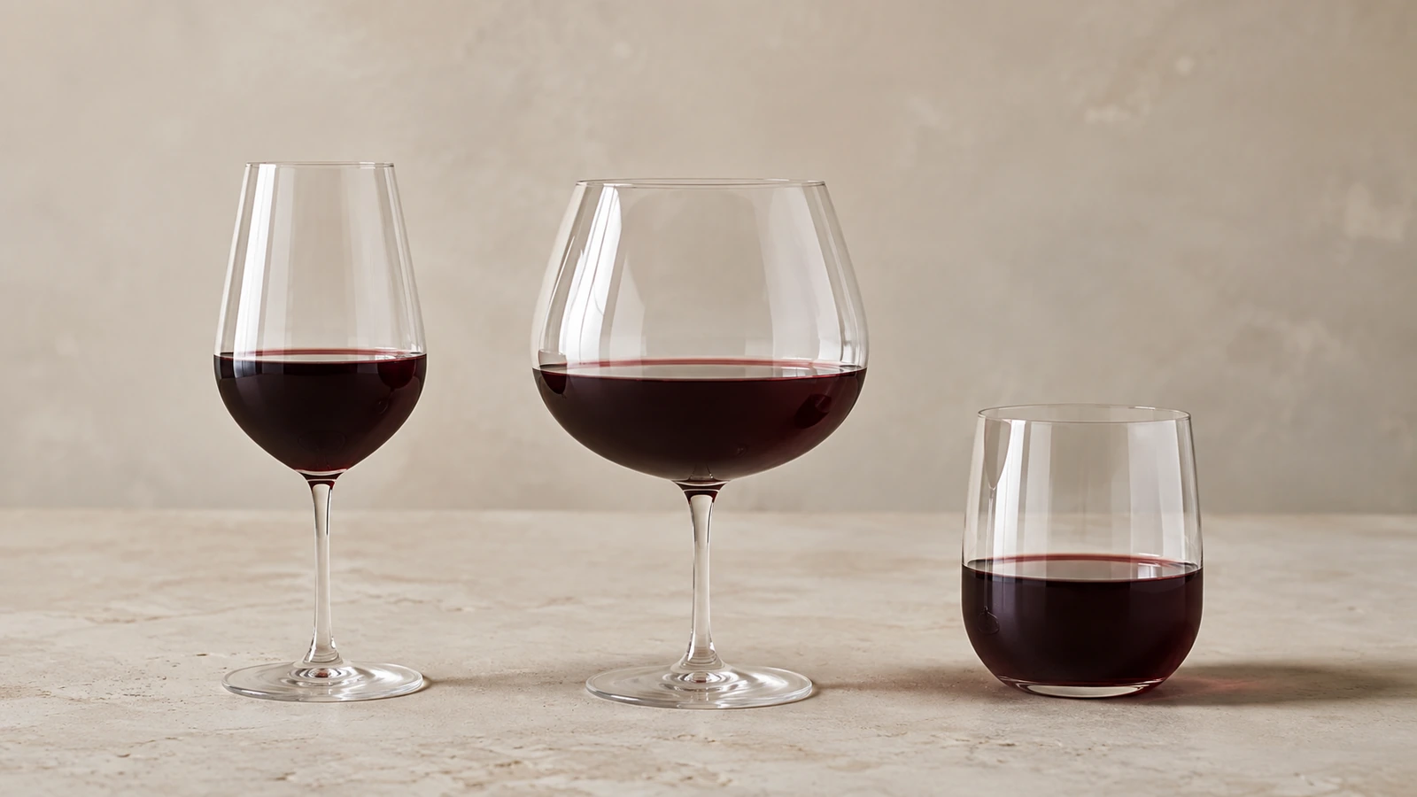 The same red wine poured equally into a tulip-shaped tasting glass, a broad Burgundy-style glass, and a straight-sided tumbler, illustrating how the vessel can change the tasting experience.