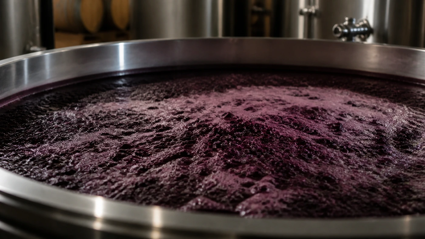 fermentation-aroma-workshop Active wine fermentation in a refined cellar setting, representing yeast as a creator and transformer of aroma.