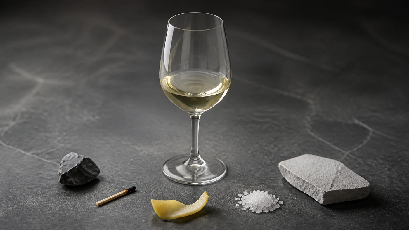 five-channels-of-wine-minerality White wine surrounded by restrained flint, citrus, salt, and chalk references illustrating the multiple sensory channels behind perceived minerality.