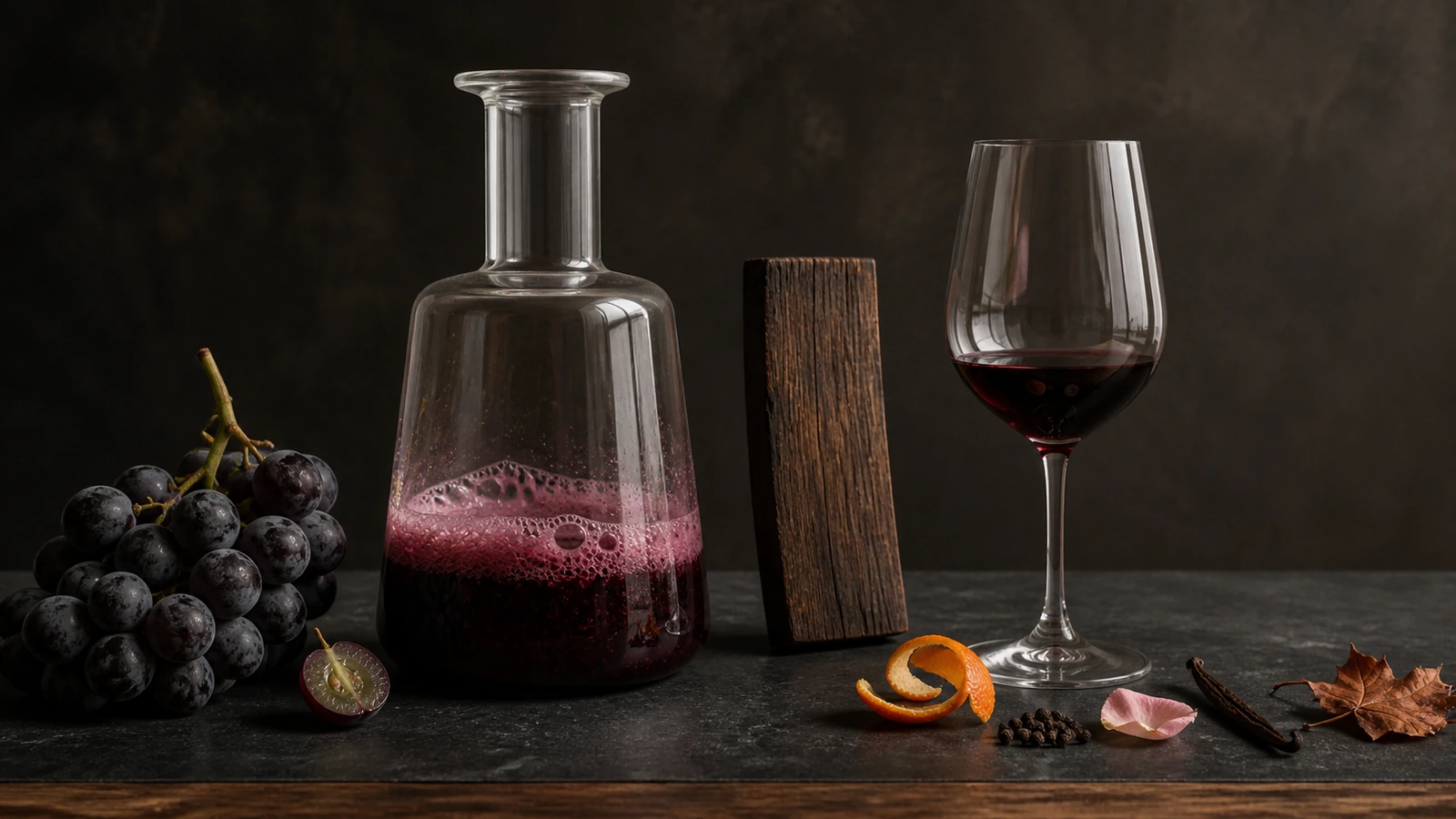 A wine glass beside grapes, fermenting must, oak, and restrained aroma references, illustrating how wine aroma develops from grape to glass.