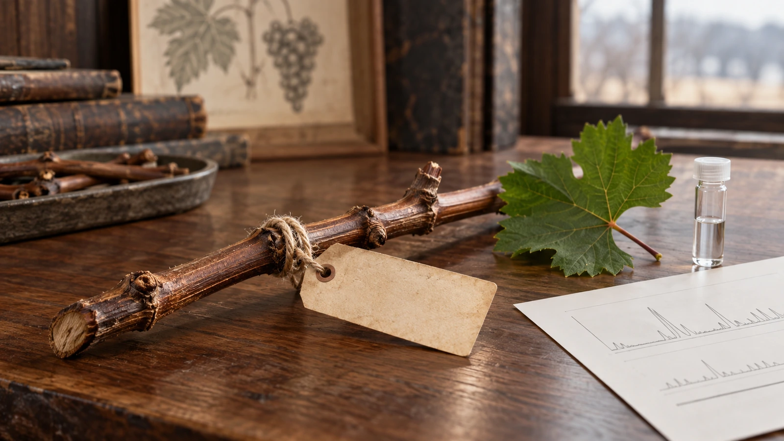 A dormant grapevine cutting with an archival nursery tag beside a fresh leaf sample and a restrained laboratory DNA profile, representing the difference between inherited names and genetic identity.