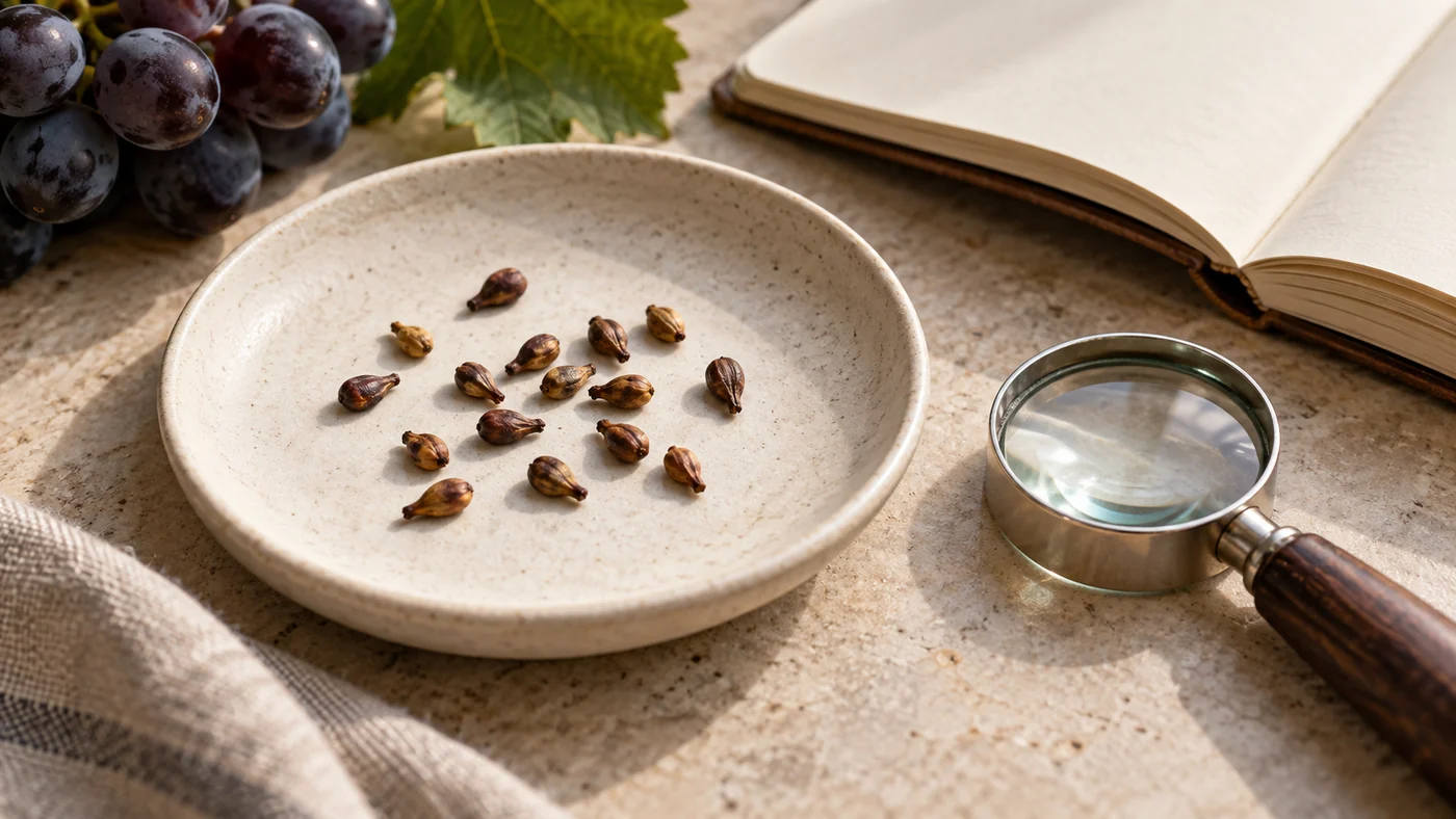 Several modern grape seeds arranged separately beside a hand lens and an open blank notebook.