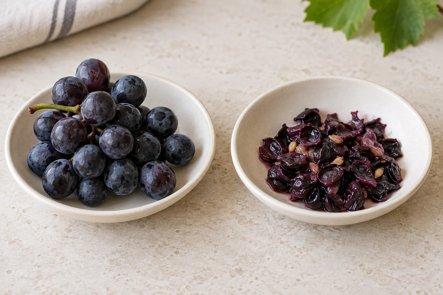 Modern fresh dark grapes beside a separate dish of crushed grape skins and seeds on a clean tasting table.