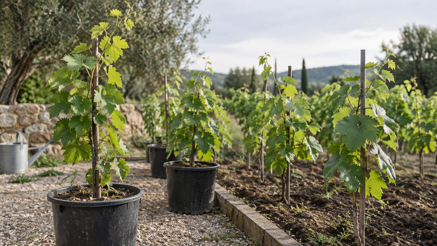 Young grapevines with subtle leaf variation in an anonymous contemporary conservation collection.