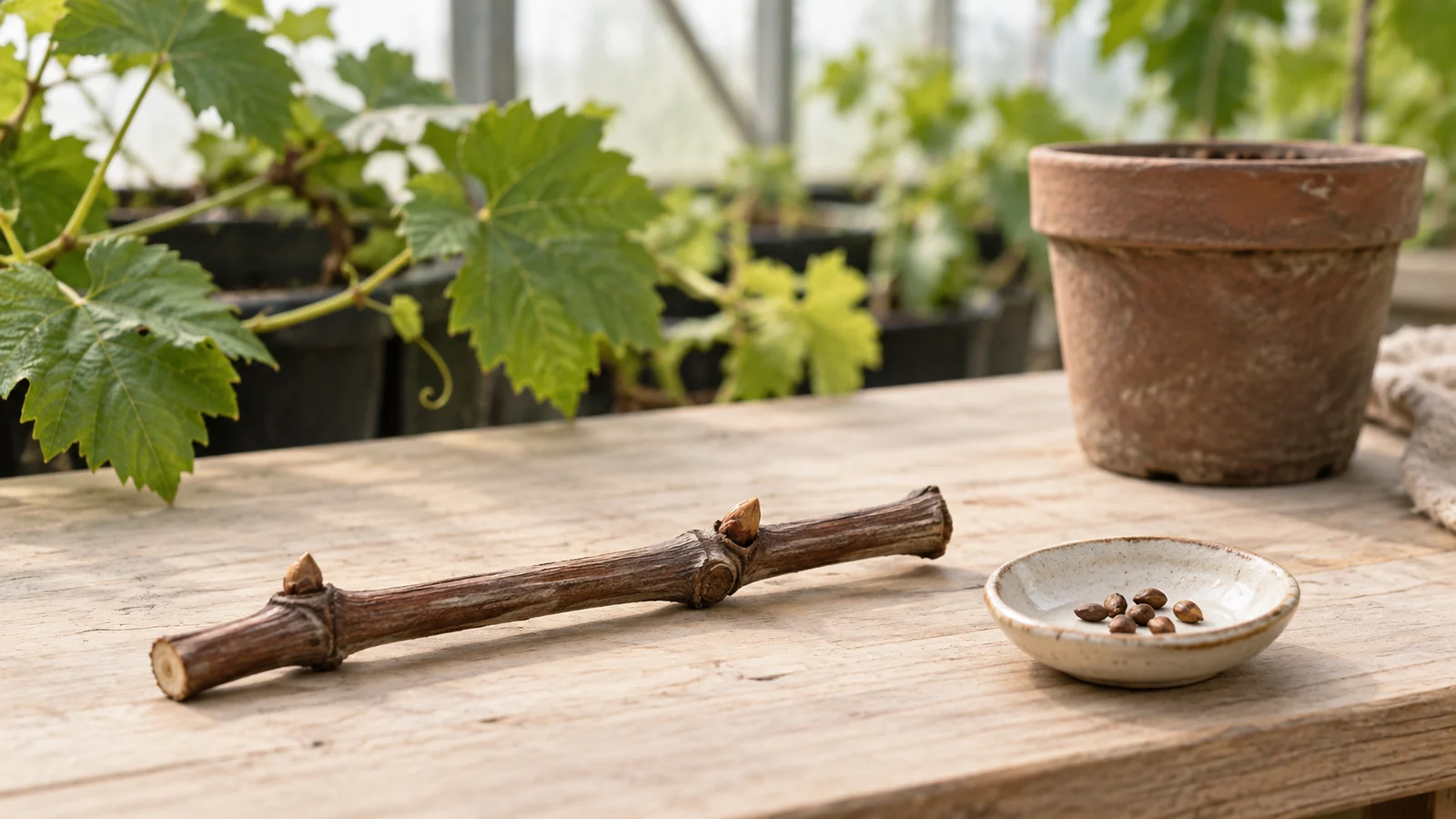 A dormant grapevine cutting and grape seeds on a quiet contemporary nursery bench.