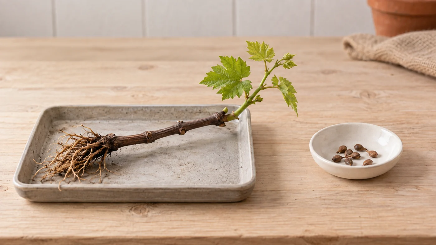 A small rooted grapevine cutting beside a separate dish of grape seeds on a modern propagation bench.