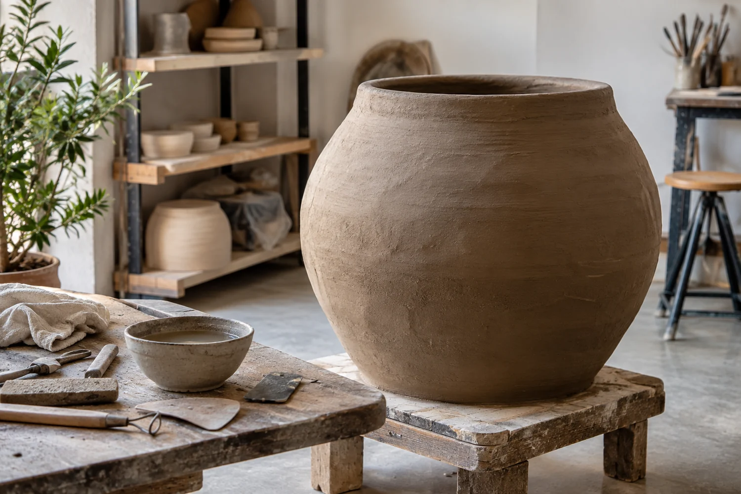 An unfinished large clay vessel in a contemporary ceramic workshop, with simple tools resting nearby.