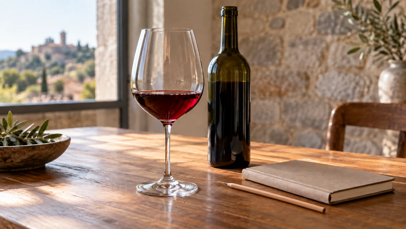 Contemporary editorial illustration. The wine represents a present-day bottle, not a recovered medieval flavor. A modest pour of red wine beside an unlabelled bottle and a closed notebook on a contemporary table.