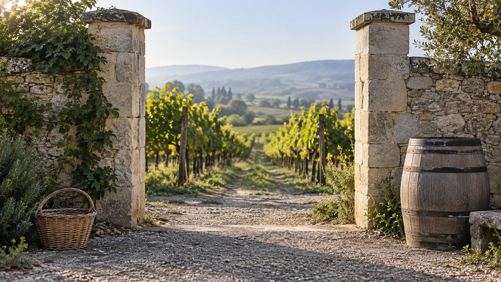 A contemporary illustration of a generic stone vineyard gateway, a harvest basket and a wooden barrel.