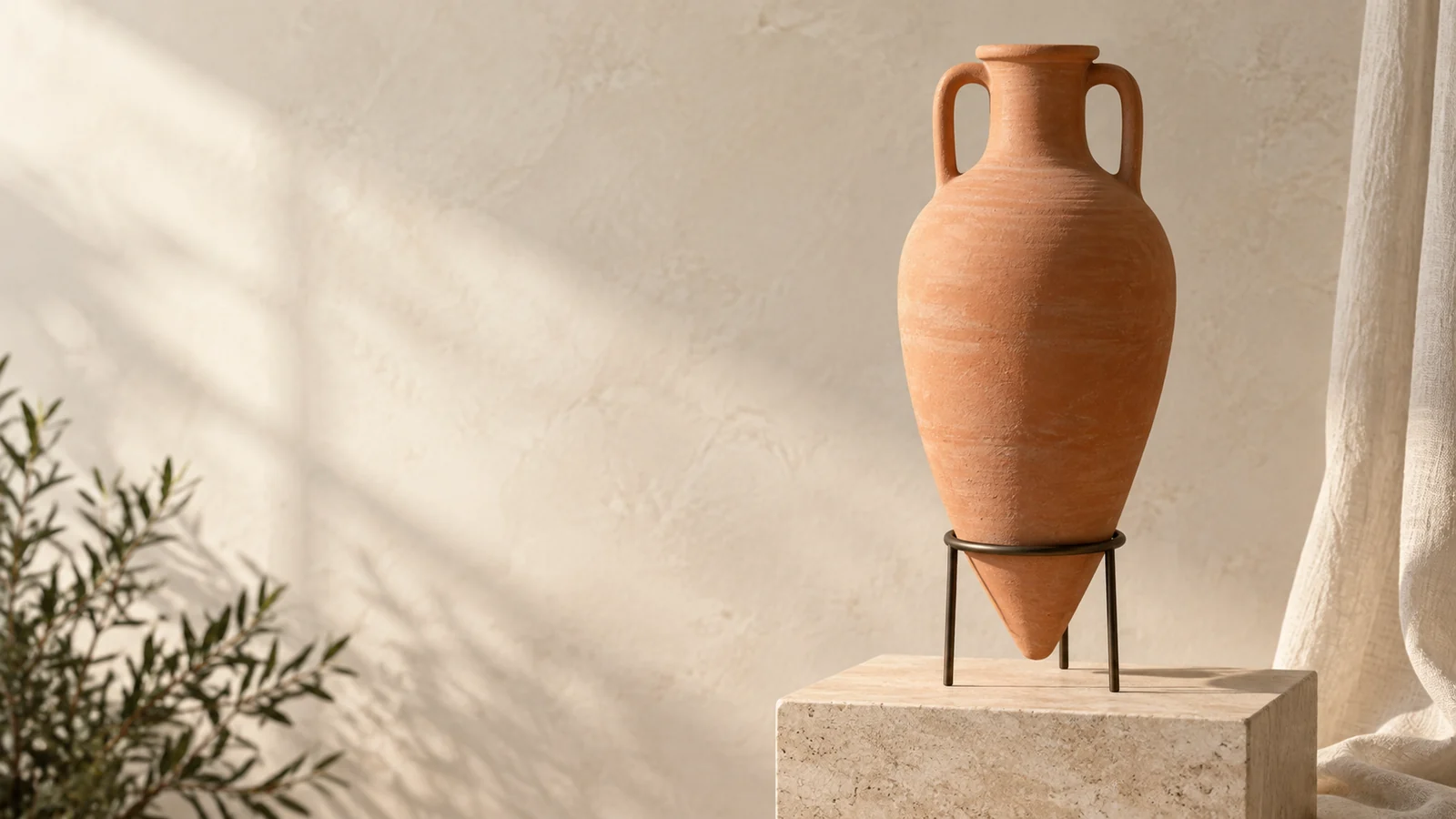 A modern replica of a transport amphora on a quiet studio plinth, with light revealing the clay and handles.