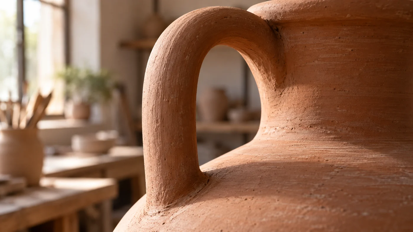 Contemporary illustration of a modern replica. No ancient inscription or museum object is reproduced. Close view of the plain handle and shoulder of a modern terracotta amphora replica in a contemporary ceramic workshop.