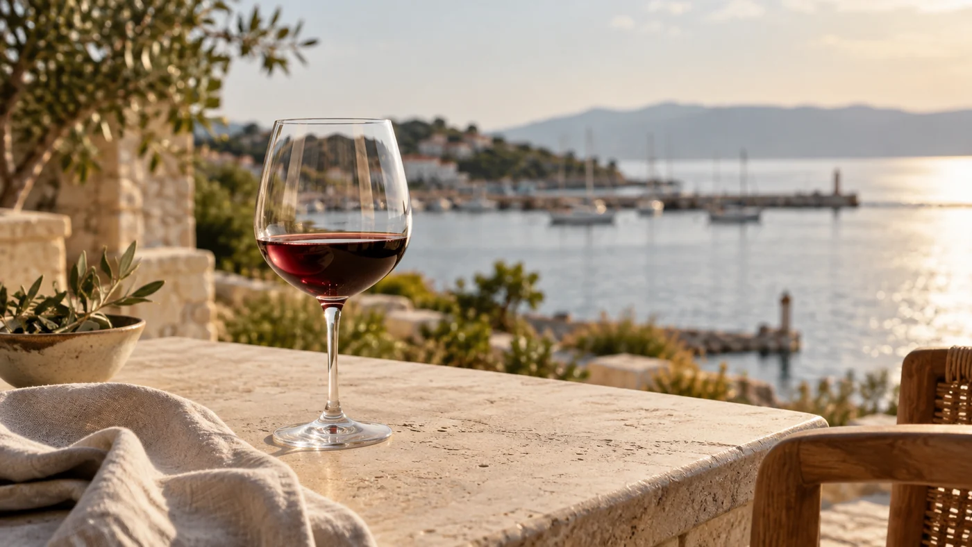 Contemporary editorial illustration. The setting does not identify an ancient port, route or reconstructed wine. A single glass of wine on a contemporary coastal table, with a quiet harbor softly out of focus in the distance.