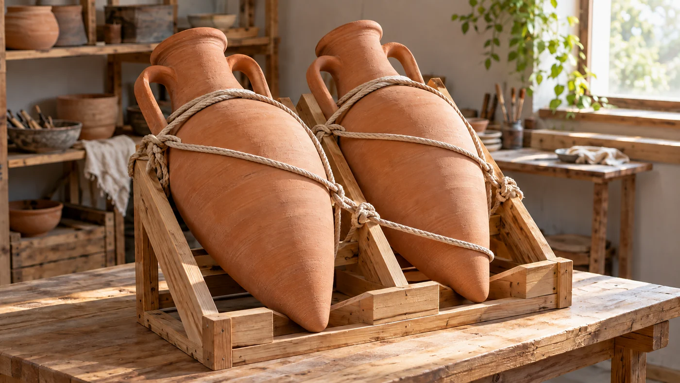 Contemporary illustration with replicas. The arrangement does not reconstruct the stowage of Grand Ribaud F or another specific wreck. Two modern amphora replicas supported in a contemporary timber cradle with plain rope, illustrating the practical question of securing containers.