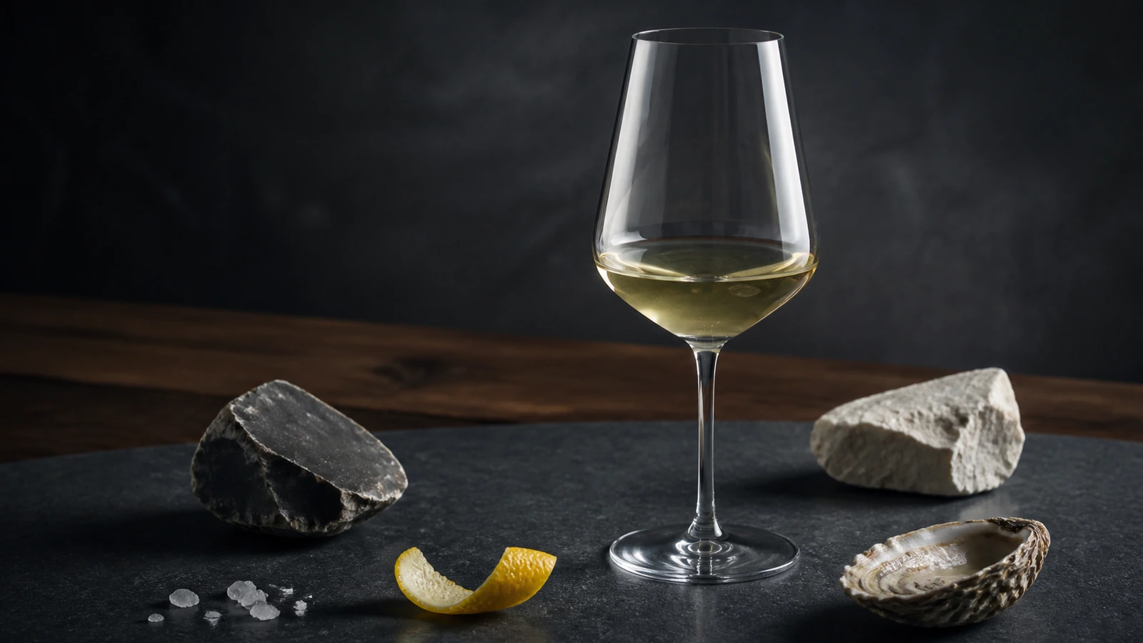 A glass of pale white wine beside flint, an oyster shell, sea salt, lemon peel, and chalk, representing the aromas, tastes, and textures often called minerality.