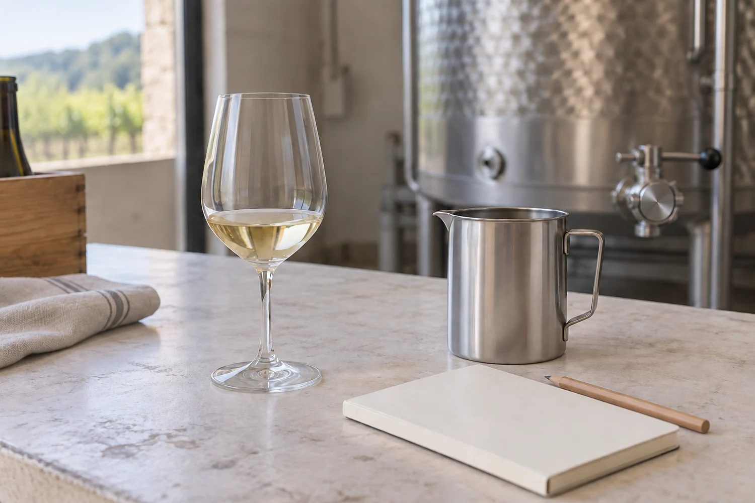 natural-wine-cellar-attention A clean winery sampling bench with a small wine sample, blank records and discreet stainless-steel equipment.
