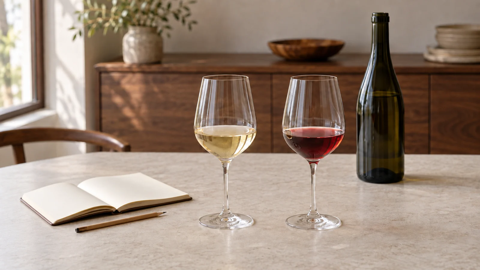 A pale white wine and a ruby red wine on a quiet tasting table beside an anonymous bottle and an open notebook.