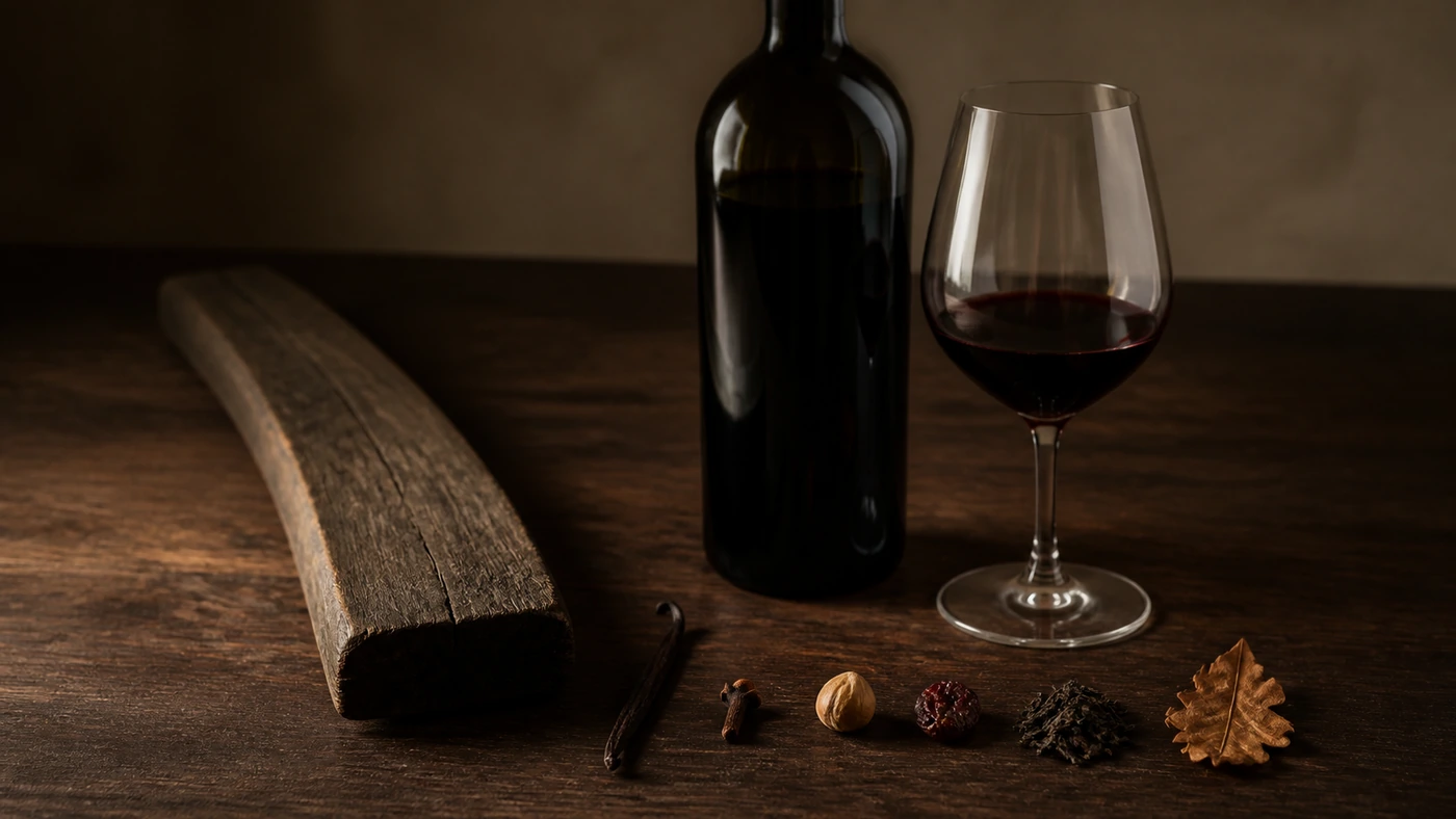 oak-time-wine-aroma-evolution Oak stave, wine bottle, and evolving sensory references illustrating how wood, oxygen, and time reshape wine aroma.