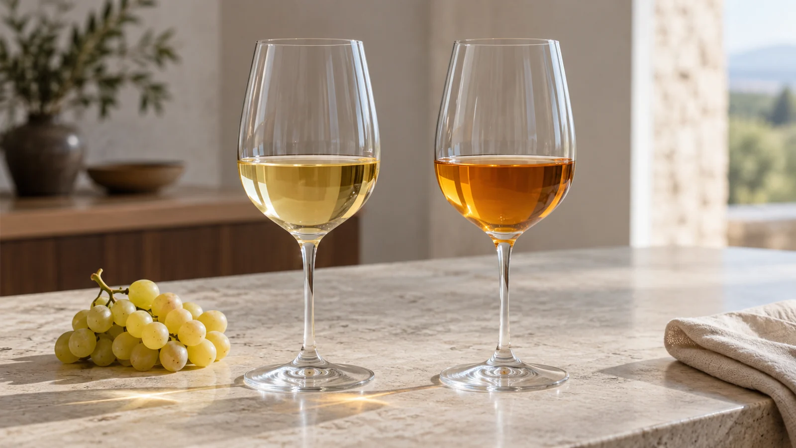 Two identical glasses holding pale-gold and amber wines beside white grapes on a softly lit tasting table.