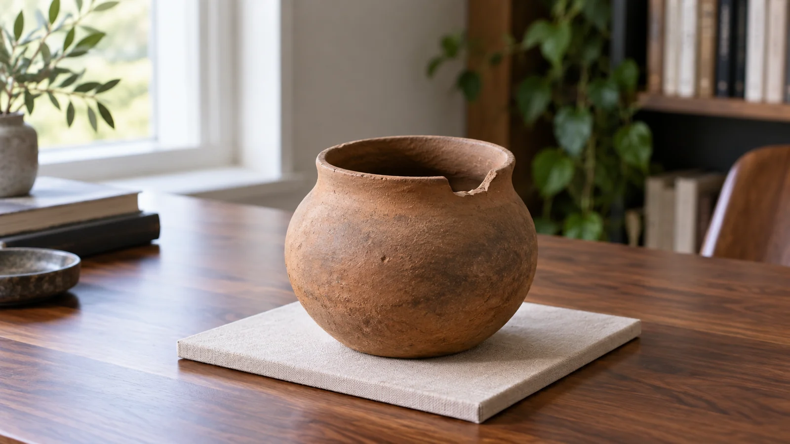 A plain replica clay vessel with a missing rim section on a softly lit modern study table.