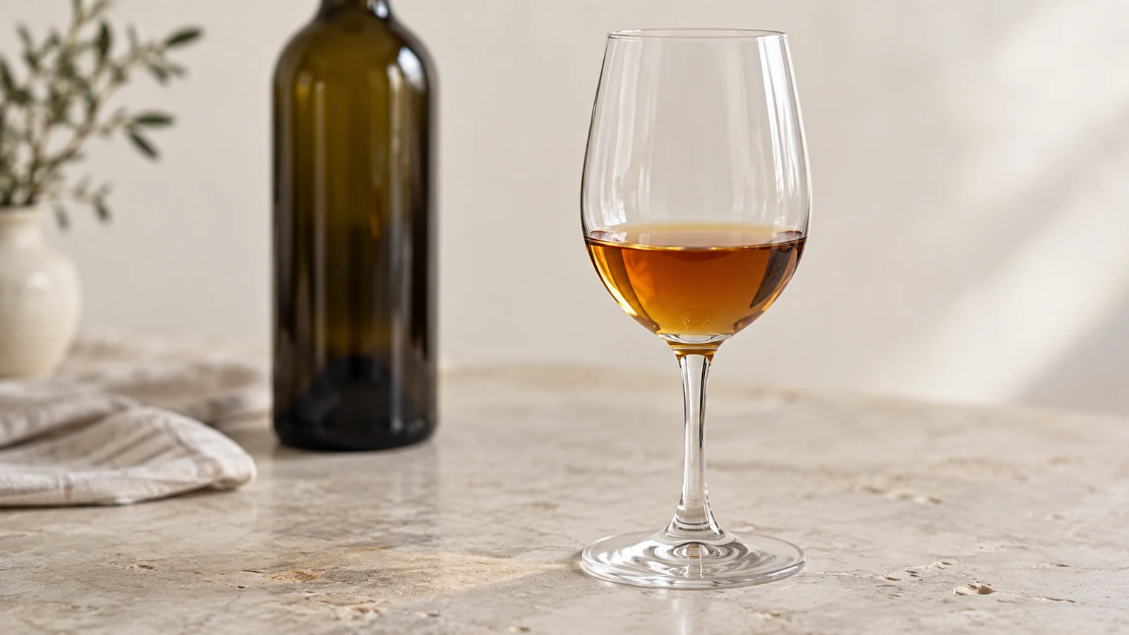 A small glass of clear amber wine against a neutral pale background with an anonymous bottle behind it. 