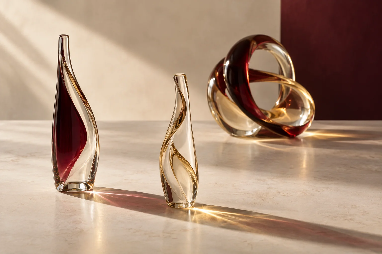 Conceptual arrangement of two separate translucent glass elements and a third interlocking form.