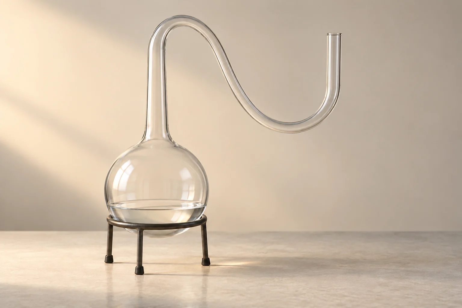 Contemporary illustration of an open swan-neck flask replica, showing the long curved glass tube.