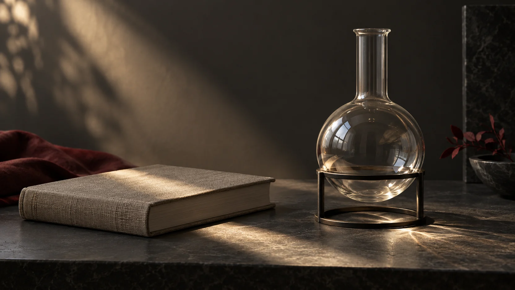 Contemporary editorial still life of an unlettered book and a clear laboratory flask crossed by a band of light.