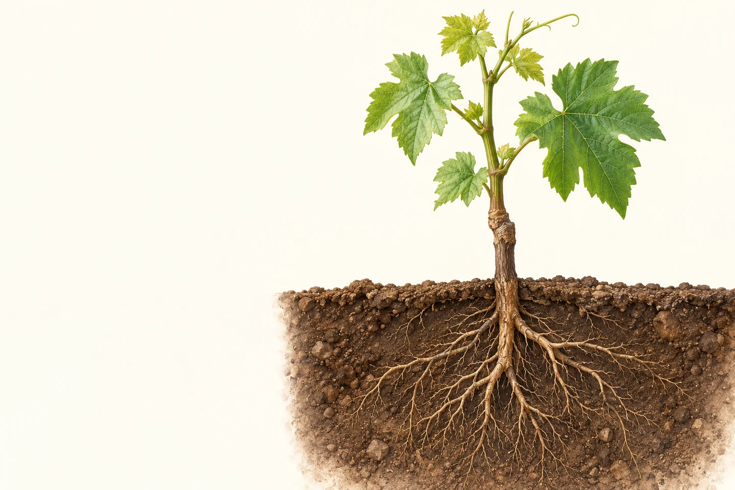 Contemporary illustration showing the upper grapevine, its healed graft union and the rootstock roots below.