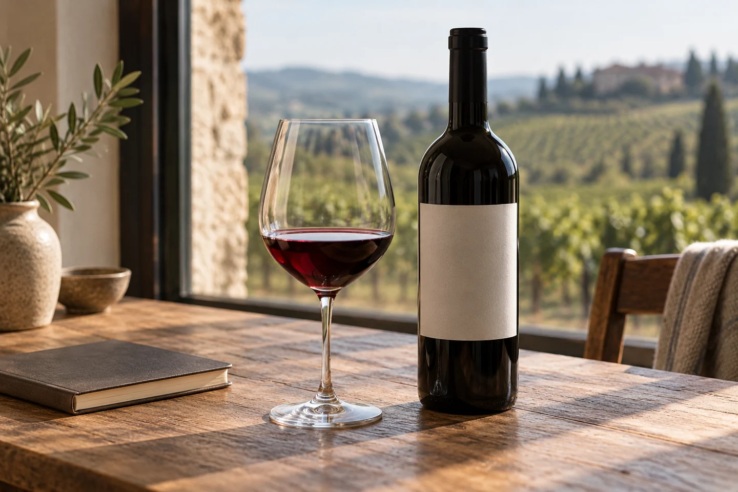 Contemporary editorial still life with a small pour of red wine, a blank-labelled bottle and a notebook.