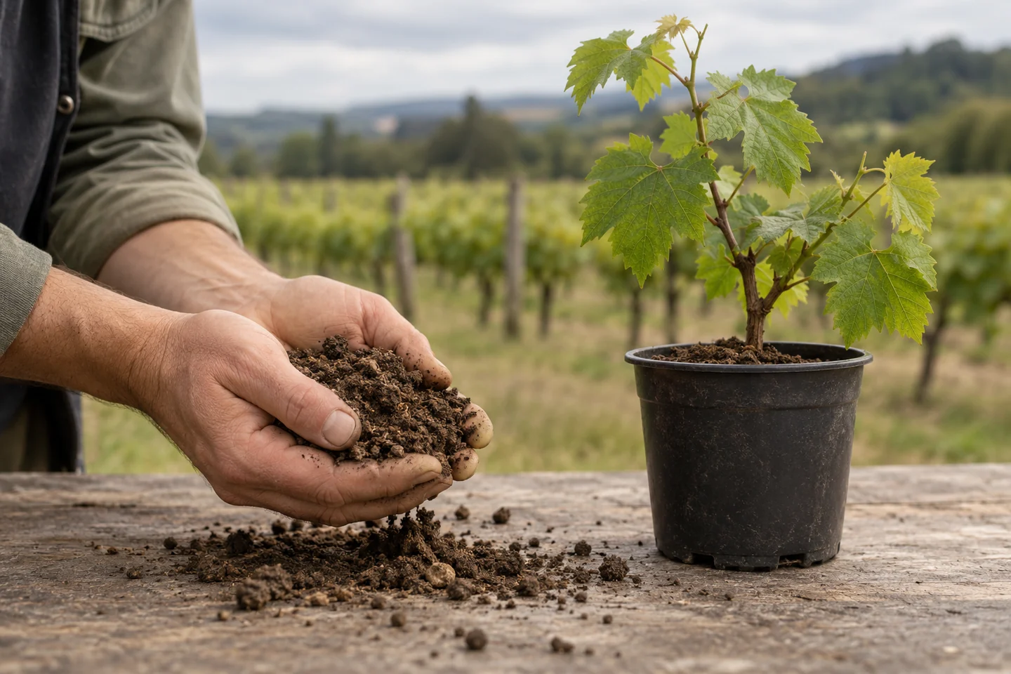 Contemporary illustration of hands examining soil beside a young potted grapevine.